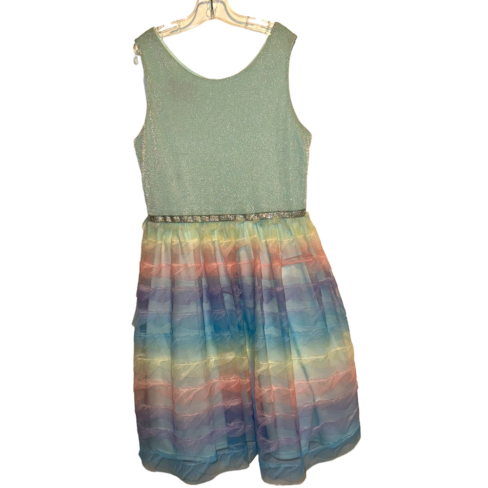 By & By Metallic Blue Rainbow Special Occasion Dress Girls 14